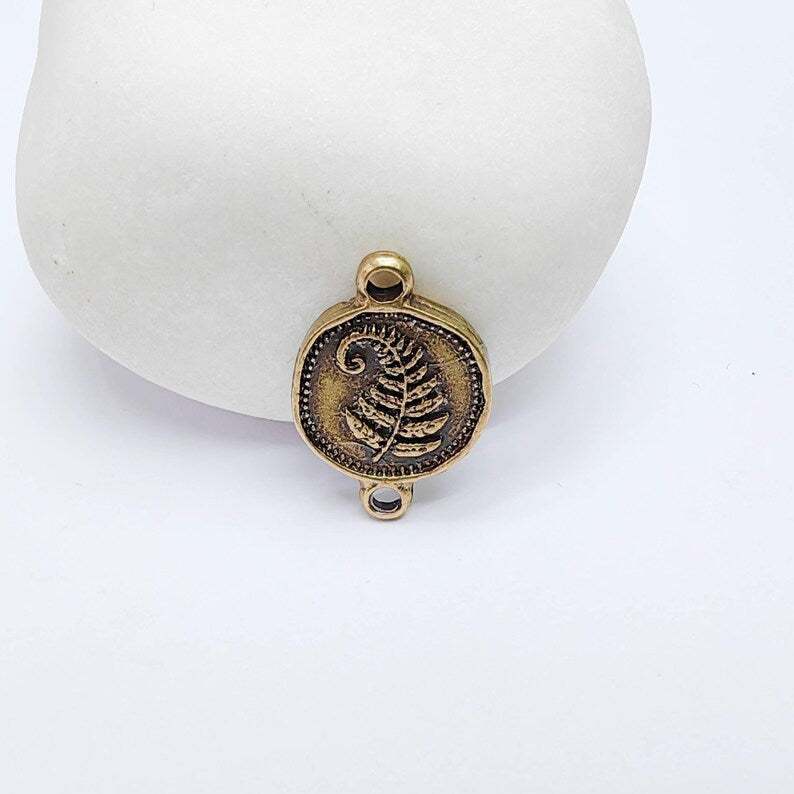 4 Fern Leaf Charm Double Sided Connector, Round Coin Design, Antique Bronze Plated, 19x13mm, G37723