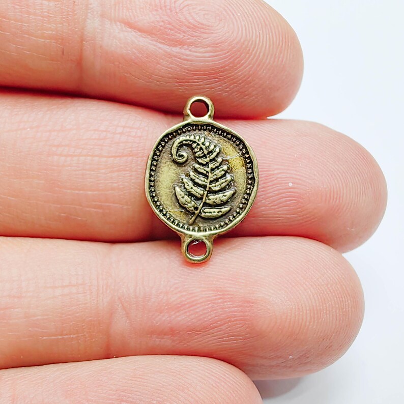 4 Fern Leaf Charm Double Sided Connector, Round Coin Design, Antique Bronze Plated, 19x13mm, G37723