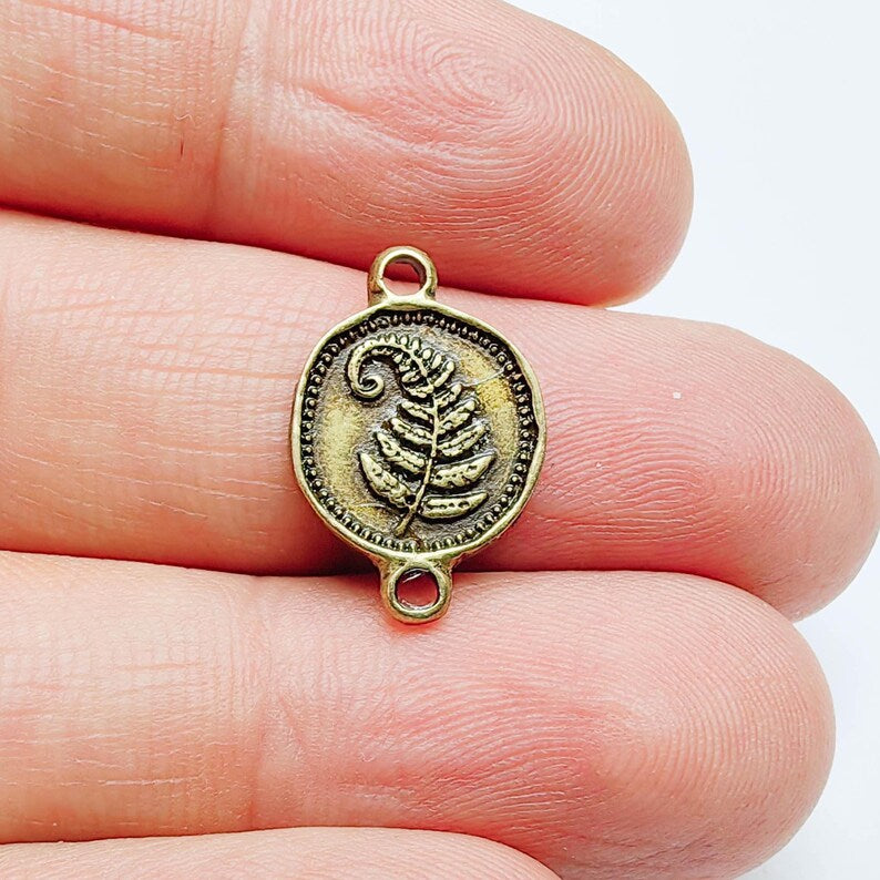 4 Fern Leaf Charm Double Sided Connector, Round Coin Design, Antique Bronze Plated, 19x13mm, G37723