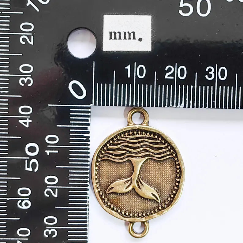 Whale Tail Charm Connector, Ocean Wave Symbol Design, Antique Bronze Plated 37x24mm, G37725