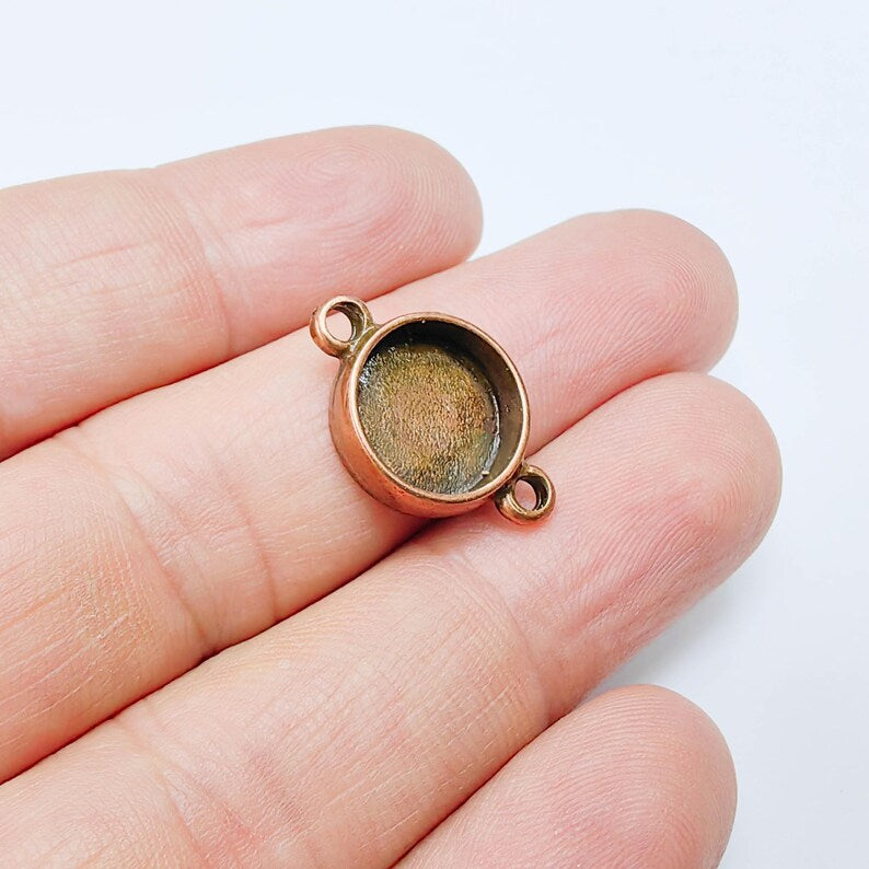 2 Round Bezel Connector, Double Loop Cabochon Blank, Resin Bases, Mosaic Mountings, Polymer Clay Setting, Antique Copper Plated (12mm) G37726
