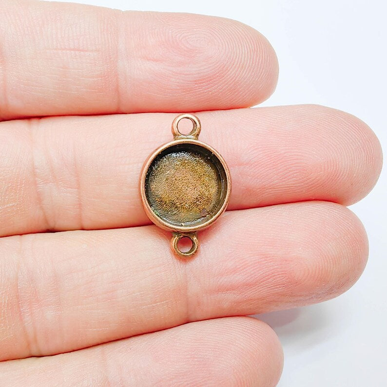 2 Round Bezel Connector, Double Loop Cabochon Blank, Resin Bases, Mosaic Mountings, Polymer Clay Setting, Antique Copper Plated (12mm) G37726