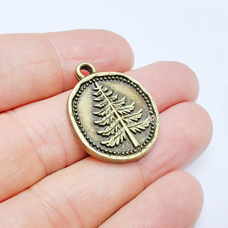 Pine Tree Charm Pendant, Round Forest Design, Antique Bronze Plated, 28x24mm, G37728