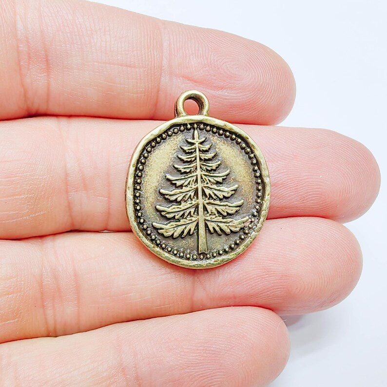 Pine Tree Charm Pendant, Round Forest Design, Antique Bronze Plated, 28x24mm, G37728