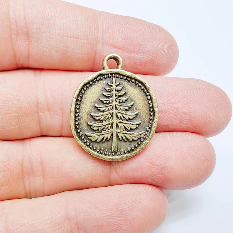 Pine Tree Charm Pendant, Round Forest Design, Antique Bronze Plated, 28x24mm, G37728
