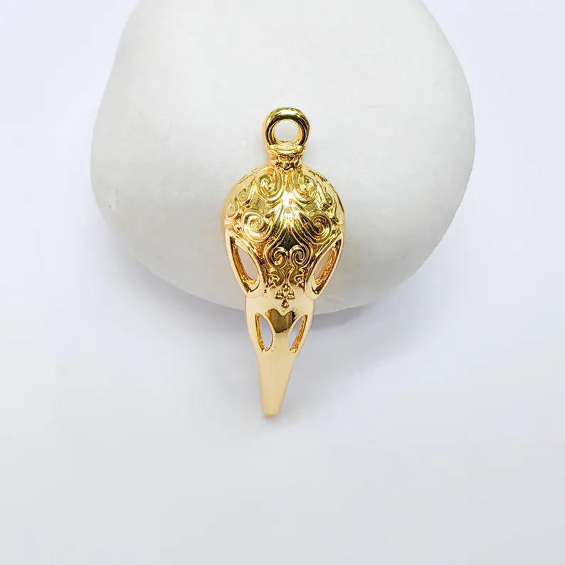 Raven Skull Charm, Ornate Bird Skull Design, 24k Gold Color, Jewelry Finding, 35x12mm, G37729