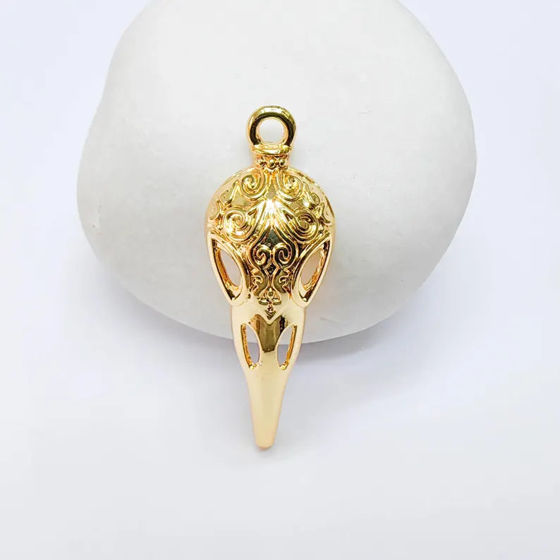 Raven Skull Charm, Ornate Bird Skull Design, 24k Gold Color, Jewelry Finding, 35x12mm, G37729