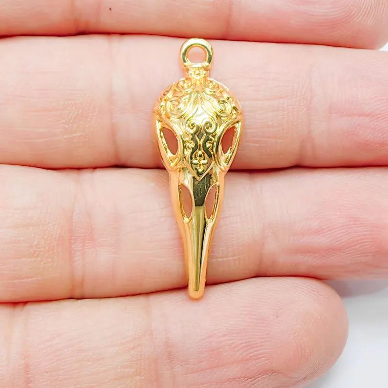 Raven Skull Charm, Ornate Bird Skull Design, 24k Gold Color, Jewelry Finding, 35x12mm, G37729