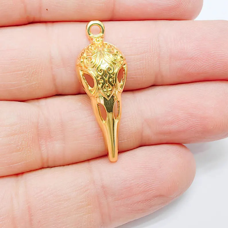 Raven Skull Charm, Ornate Bird Skull Design, 24k Gold Color, Jewelry Finding, 35x12mm, G37729