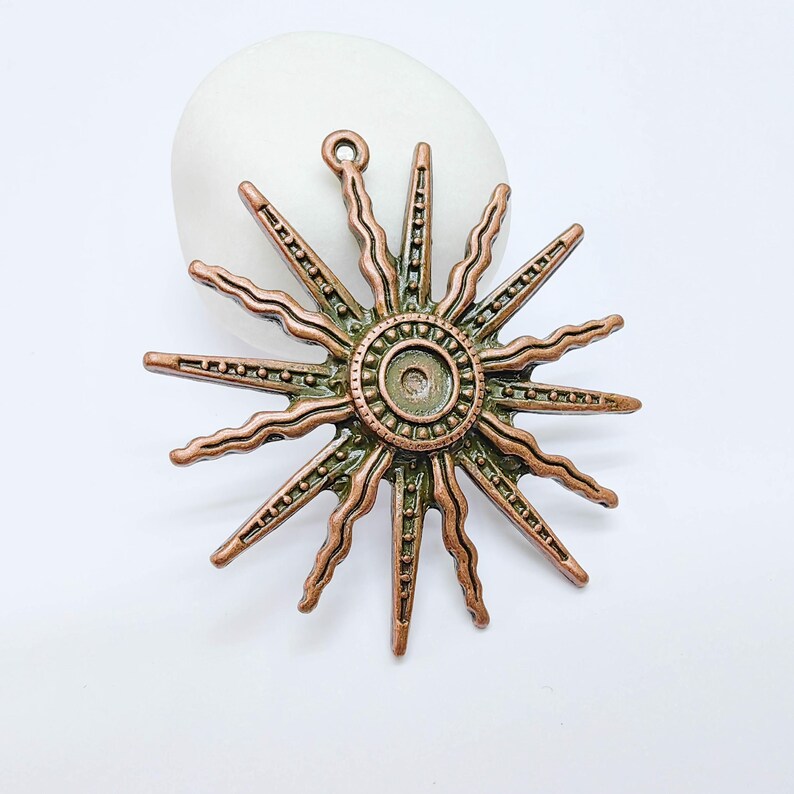 Sunburst Charm Pendant, Radiant Sun Design, Antique Copper Plated, 60mm, G37731