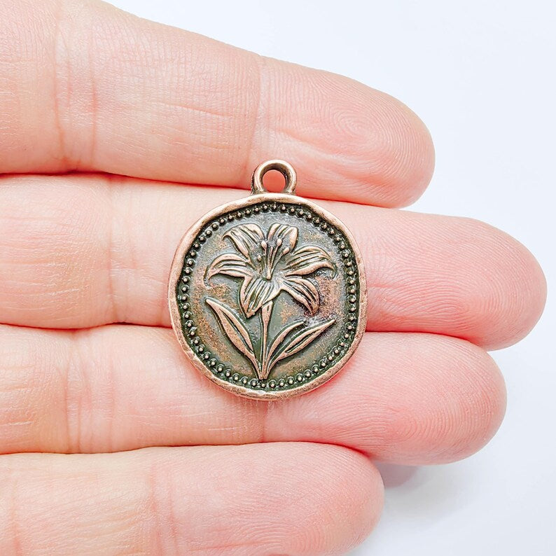 Lily Flower Charm Pendant, Botanical Coin Design, Copper Plated, 29x24mm, G37735