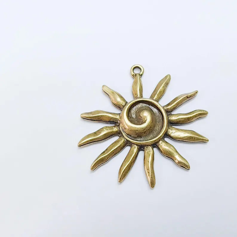 Radiant Sun Pendant, Spiral Center Solar Charm, Boho Statement Celestial Necklace, Rustic Summer, Antique Bronze Plated 48x46mm G37743