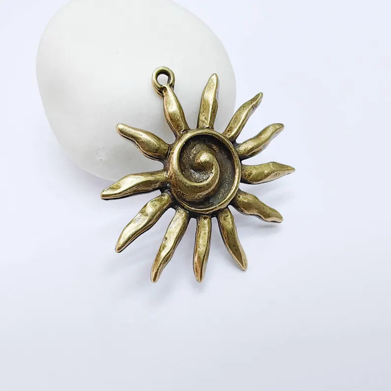 Radiant Sun Pendant, Spiral Center Solar Charm, Boho Statement Celestial Necklace, Rustic Summer, Antique Bronze Plated 48x46mm G37743