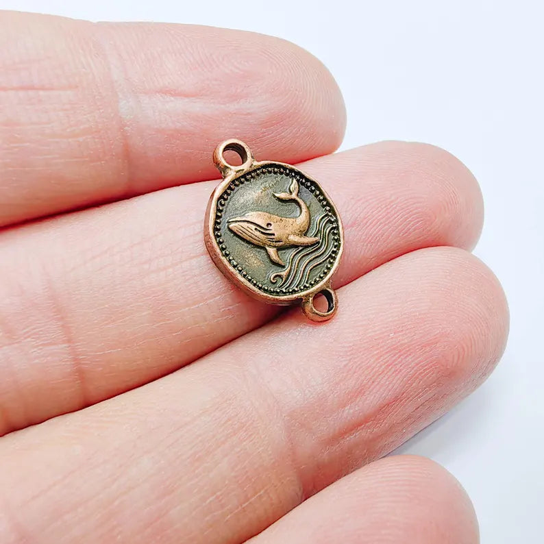 4 Whale Charm Connector, Double Sided Ocean Symbol Design, Antique Copper Plated, 19x13mm, G37746