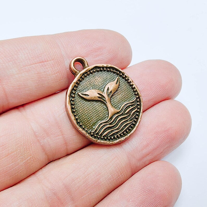 Whale Tail Charm Pendant, Ocean Symbol Coin Design, Copper Plated, 29x24mm, G37748