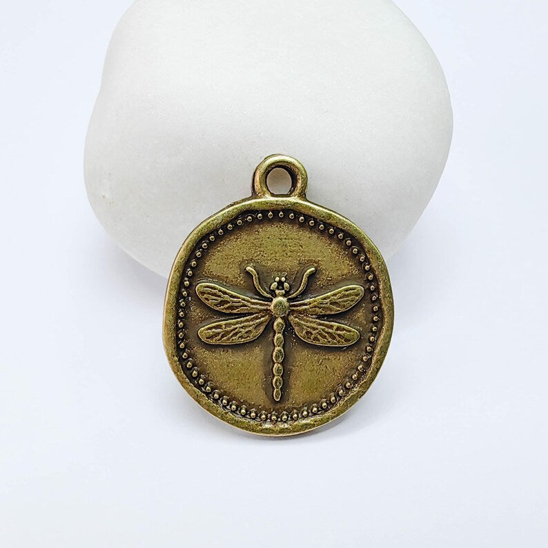 Dragonfly Charm Pendant, Round Botanical Coin Design, Copper Plated, 29x24mm, G37750