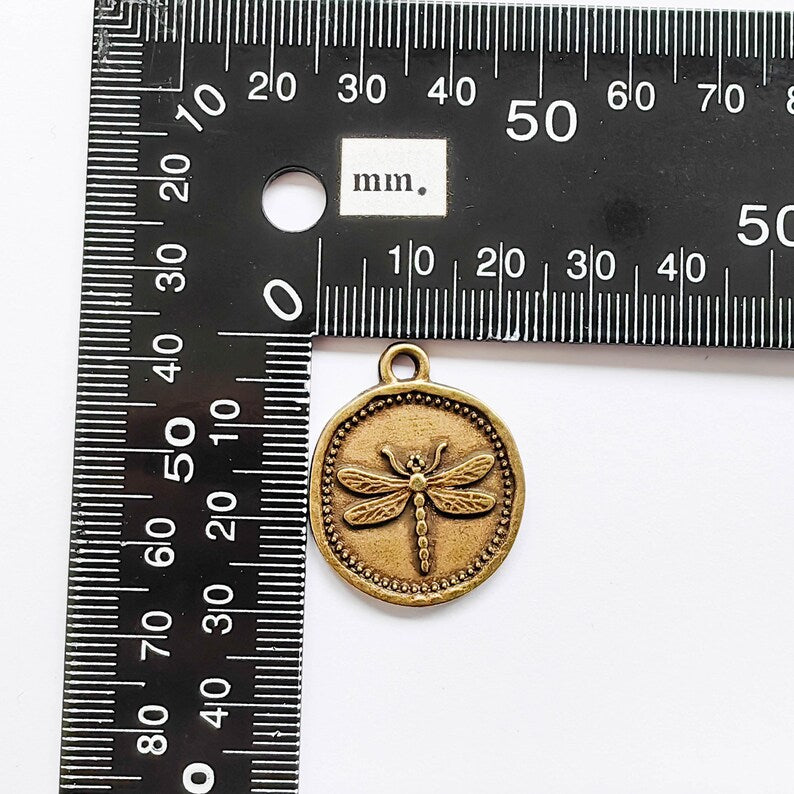 Dragonfly Charm Pendant, Round Botanical Coin Design, Copper Plated, 29x24mm, G37750