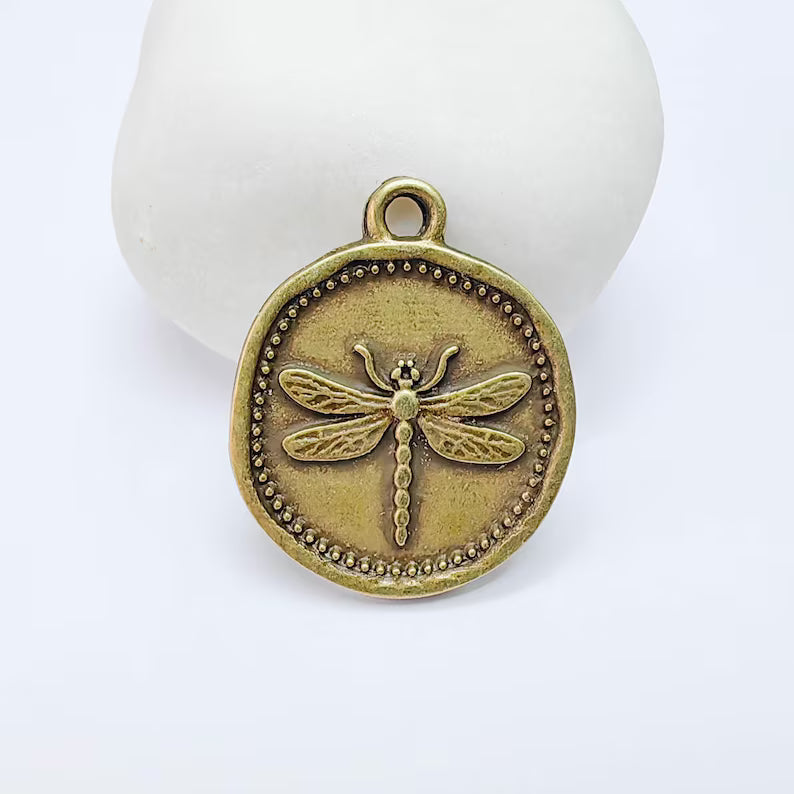 Dragonfly Charm Pendant, Round Botanical Coin Design, Copper Plated, 29x24mm, G37750