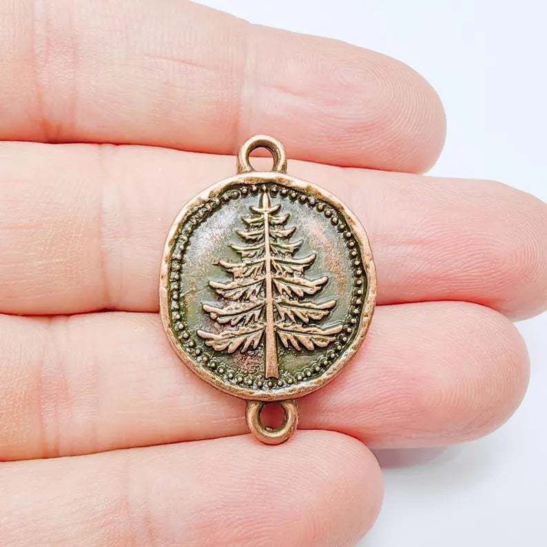 Pine Tree Charm Connector, Botanical Nature Symbol Design, Antique Copper Plated 37x24mm, G37752