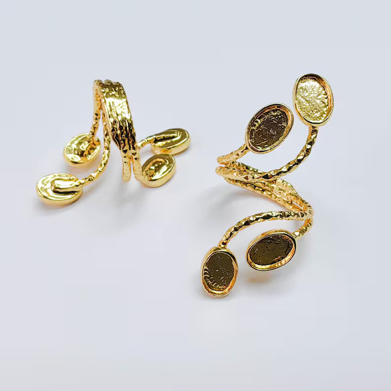 Oval Gold ring setting cabochon mounting adjustable base bezel 24k Shiny Gold brass G37624