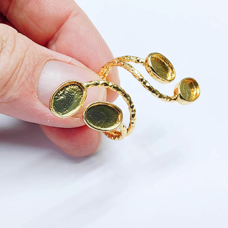 Oval Gold ring setting cabochon mounting adjustable base bezel 24k Shiny Gold brass G37624
