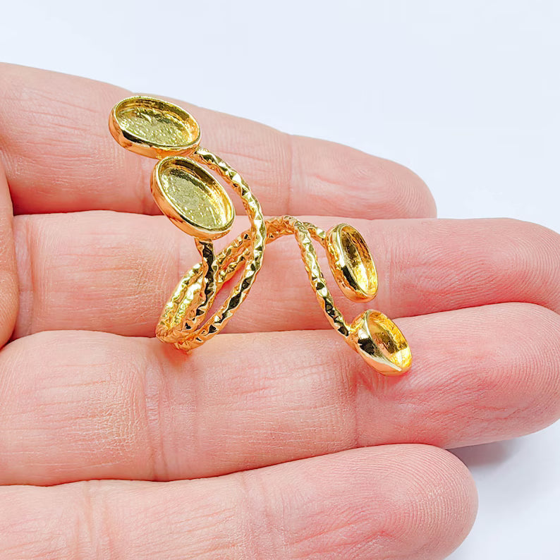 Oval Gold ring setting cabochon mounting adjustable base bezel 24k Shiny Gold brass G37624
