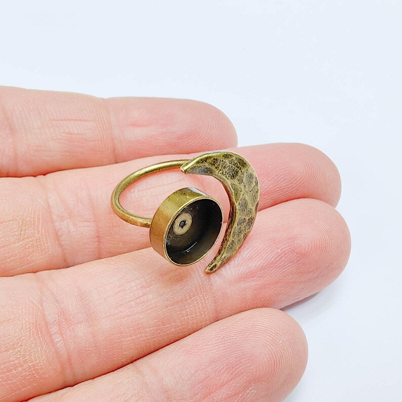 Crescent Moon Adjustable Ring, 10mm Bezel Setting, Antique Bronze Ring Base, G37627