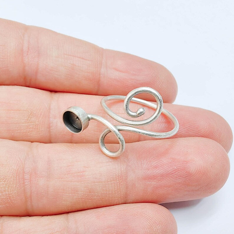 Adjustable Swirl Ring with 6mm Bezel, Antique Silver Plated Brass, Nickel Free, Lead Free, Handmade Jewelry Base G37629