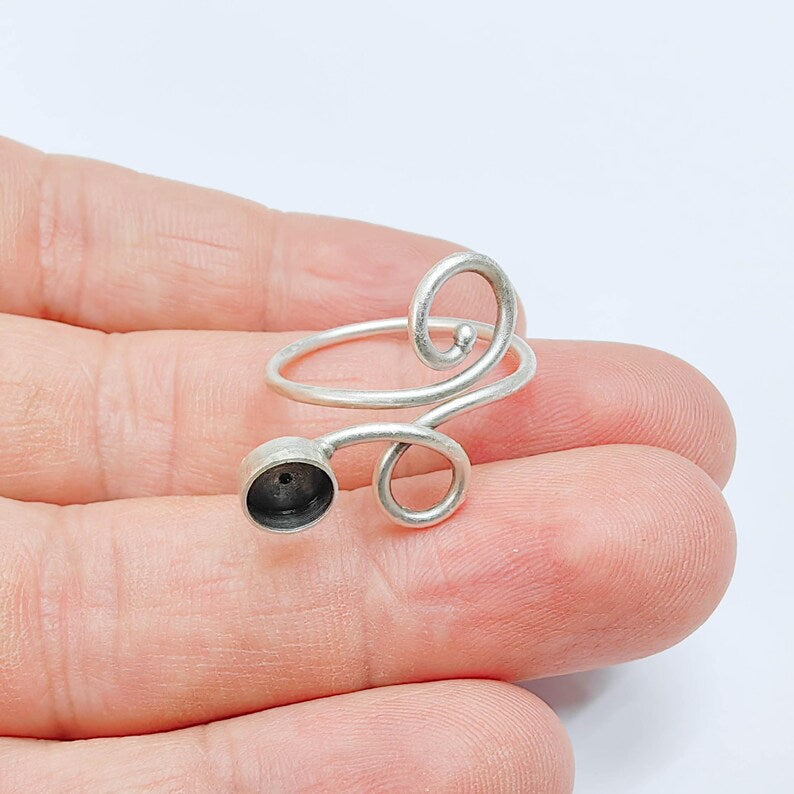Adjustable Swirl Ring with 6mm Bezel, Antique Silver Plated Brass, Nickel Free, Lead Free, Handmade Jewelry Base G37629