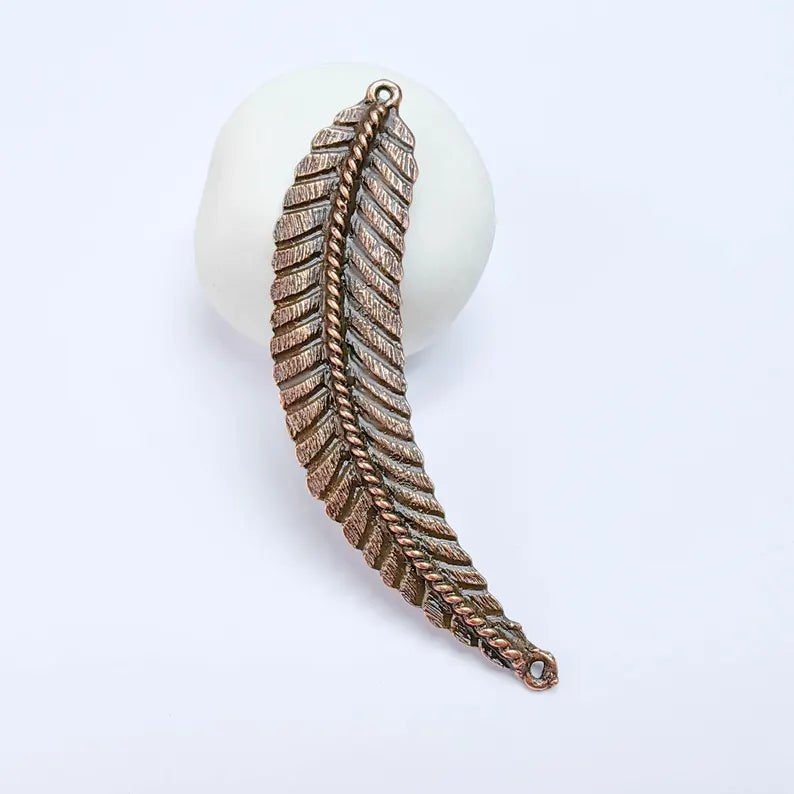 Feather Connector, Copper Plated Leaf Component, Boho Jewelry Making Supply, 82x18mm, G37631