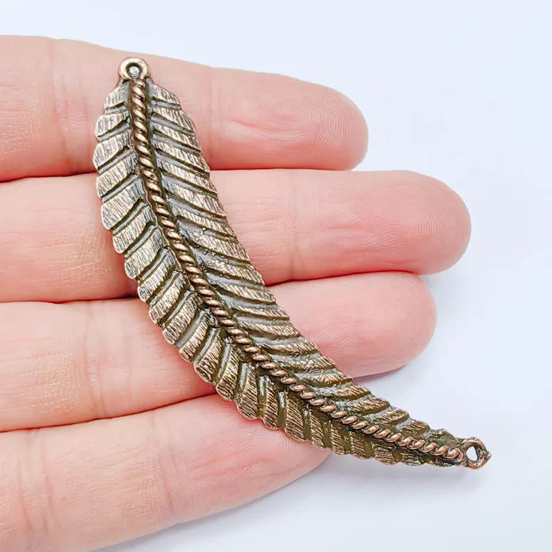 Feather Connector, Copper Plated Leaf Component, Boho Jewelry Making Supply, 82x18mm, G37631