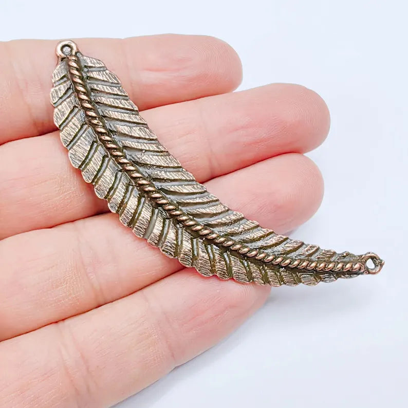 Feather Connector, Copper Plated Leaf Component, Boho Jewelry Making Supply, 82x18mm, G37631