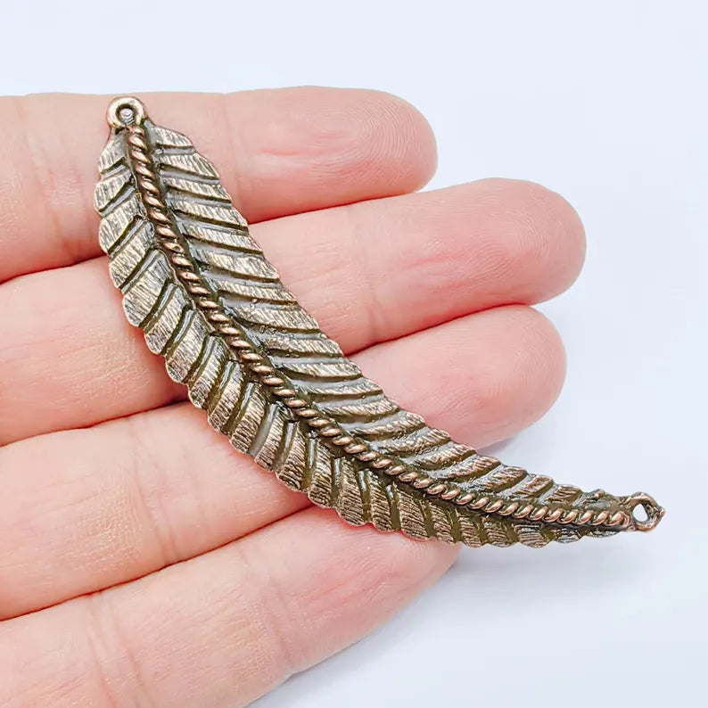 Feather Connector, Copper Plated Leaf Component, Boho Jewelry Making Supply, 82x18mm, G37631