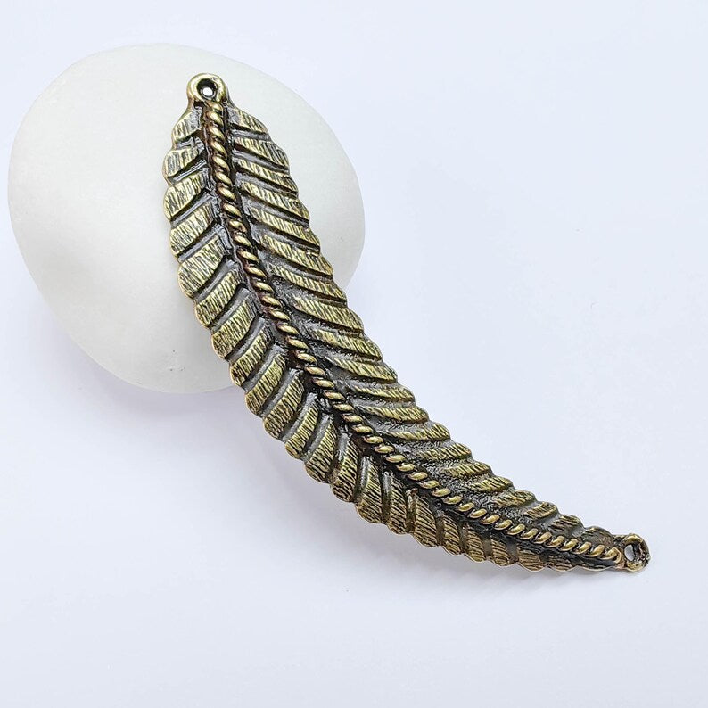 Feather Connector, Bronze Plated Leaf Component, Boho Jewelry Making Supply, 82x18mm, G37634
