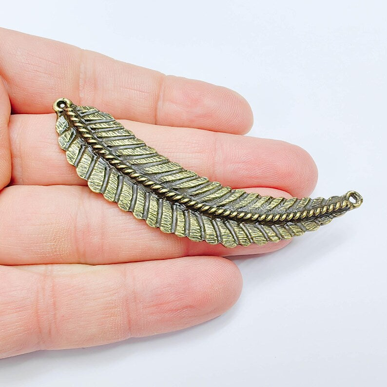 Feather Connector, Bronze Plated Leaf Component, Boho Jewelry Making Supply, 82x18mm, G37634