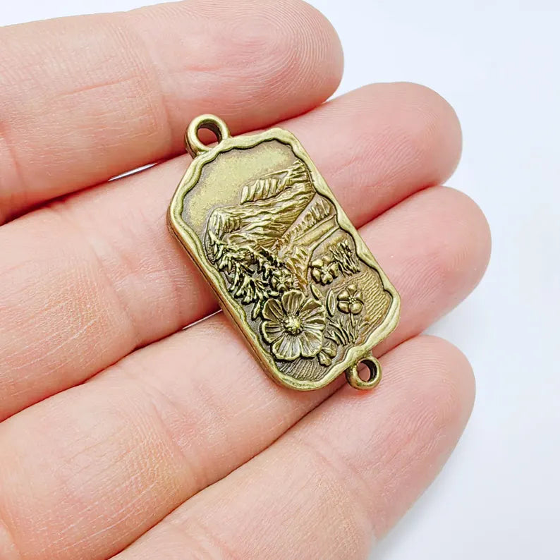 Mountain Landscape Pendant Connector, Antique Bronze Plated, Nature Jewelry Supplies, 37x19mm, G37636
