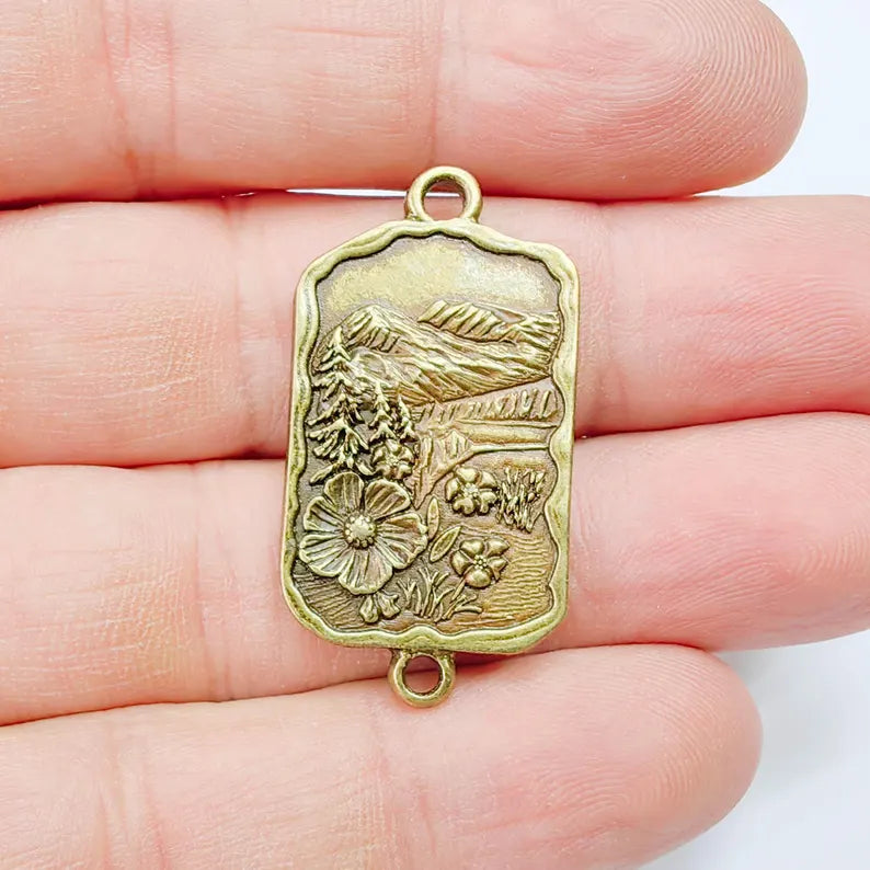 Mountain Landscape Pendant Connector, Antique Bronze Plated, Nature Jewelry Supplies, 37x19mm, G37636