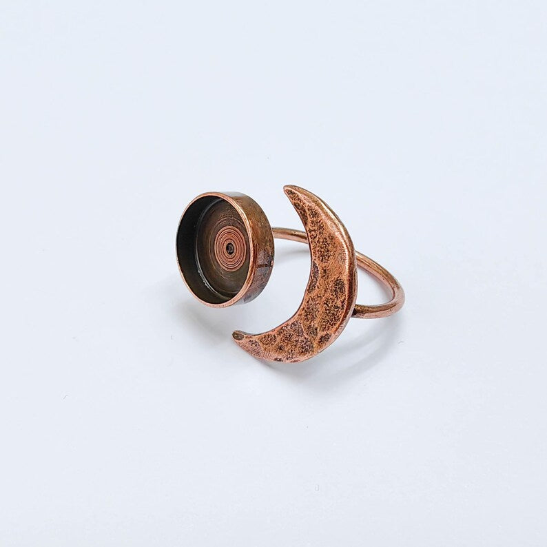 Crescent Moon Adjustable Ring, 12mm Bezel Setting, Antique Copper Ring Base, G37637