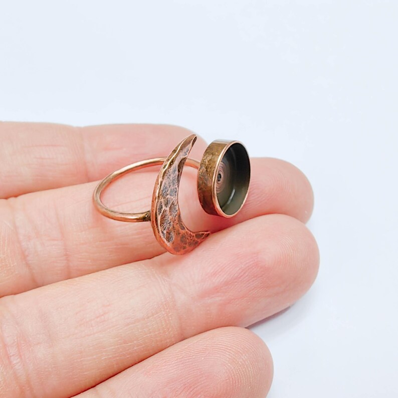 Crescent Moon Adjustable Ring, 12mm Bezel Setting, Antique Copper Ring Base, G37637