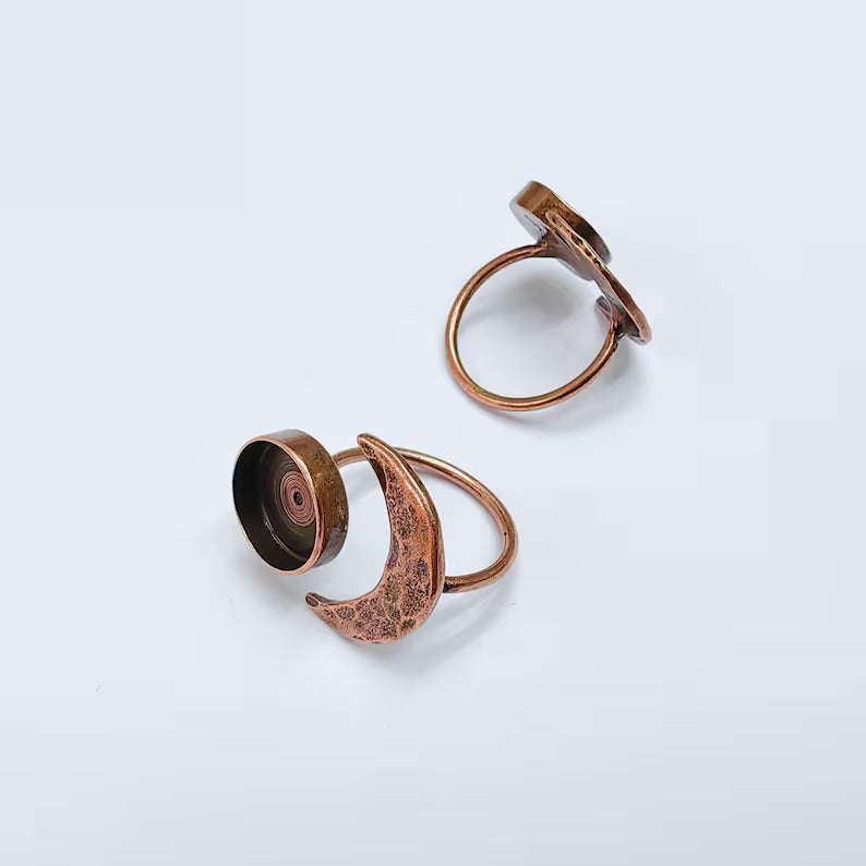 Crescent Moon Adjustable Ring, 12mm Bezel Setting, Antique Copper Ring Base, G37637