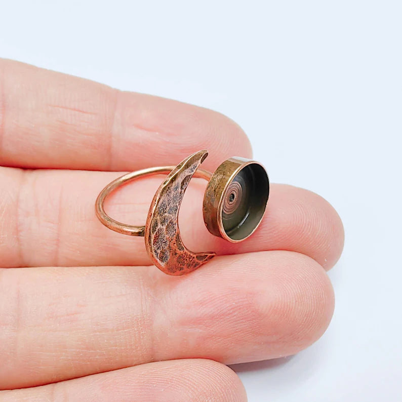 Crescent Moon Adjustable Ring, 12mm Bezel Setting, Antique Copper Ring Base, G37637