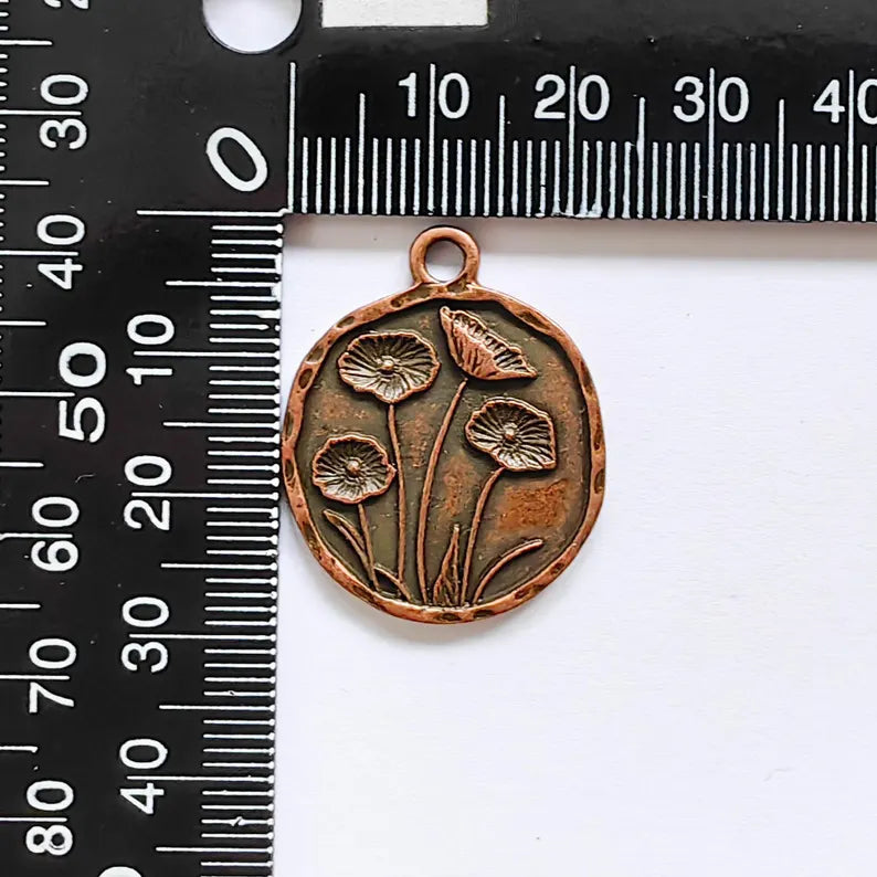 Poppy Flower Charm, Round Floral Pendant, Antique Copper Plated, Jewelry Making Supplies 28x23mm G37639
