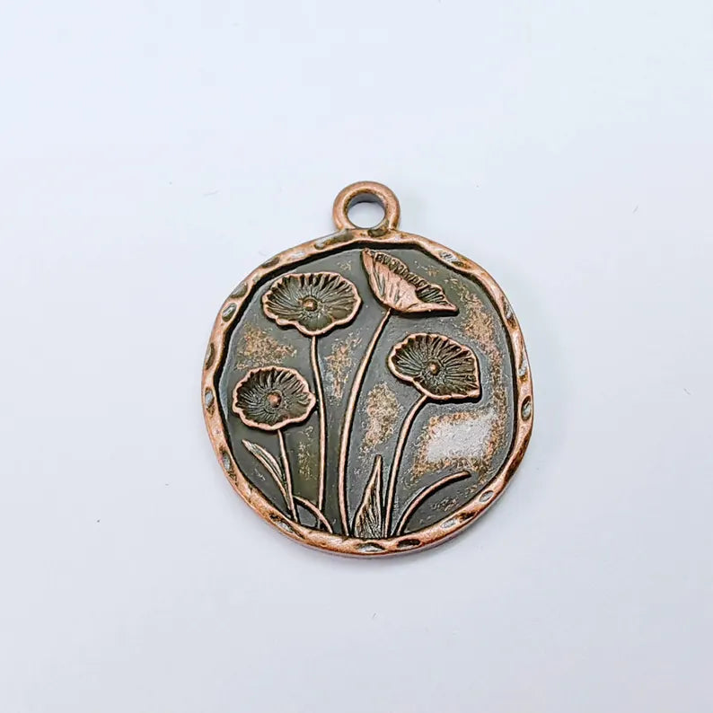 Poppy Flower Charm, Round Floral Pendant, Antique Copper Plated, Jewelry Making Supplies 28x23mm G37639