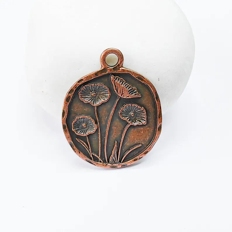 Poppy Flower Charm, Round Floral Pendant, Antique Copper Plated, Jewelry Making Supplies 28x23mm G37639