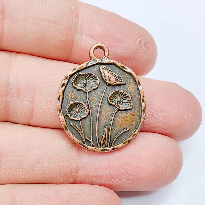 Poppy Flower Charm, Round Floral Pendant, Antique Copper Plated, Jewelry Making Supplies 28x23mm G37639
