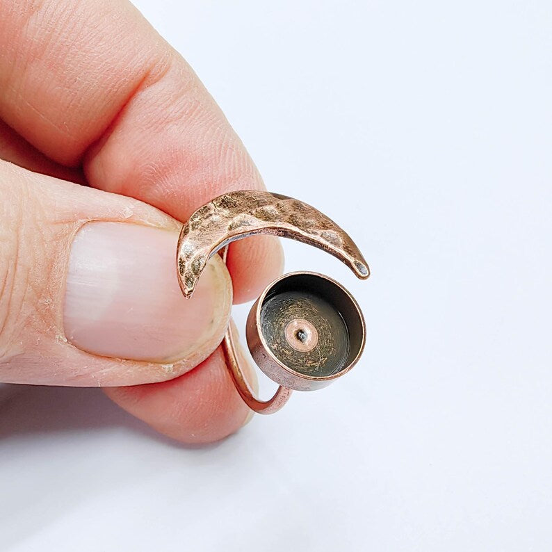 Crescent Moon Adjustable Ring, 10mm Bezel Setting, Antique Copper Ring Base, G37640
