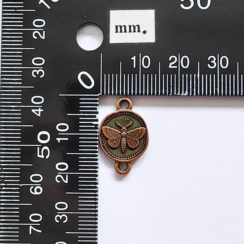 4 Moth Charm Connector Pendant, Double Sided Organic Round Coin Design, Antique Copper, 20x12mm, G37645