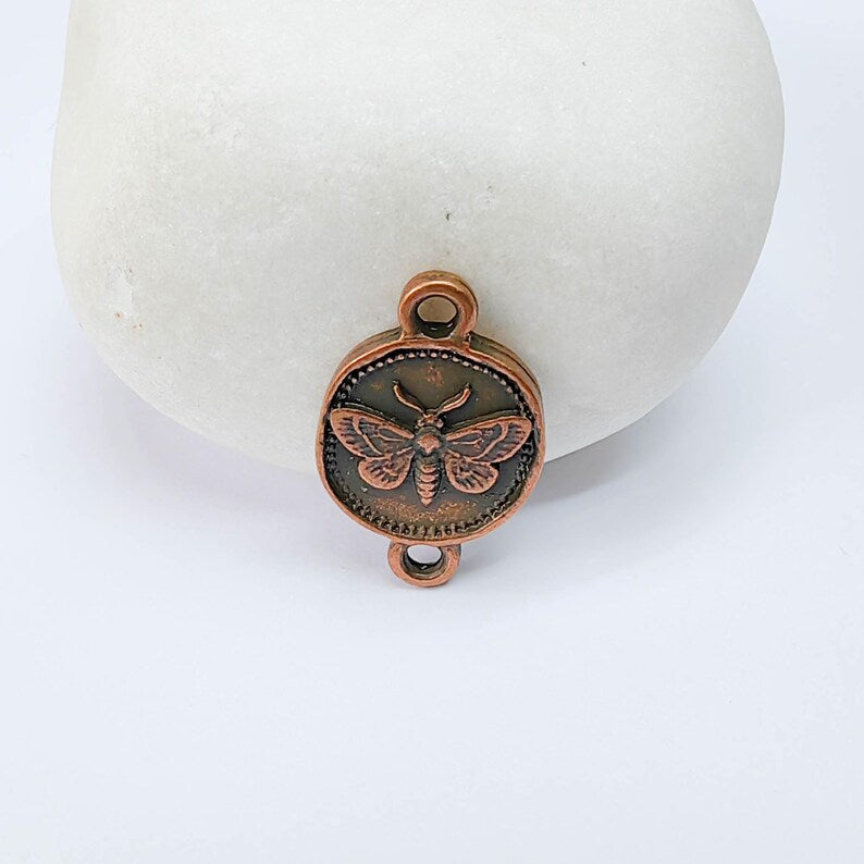 4 Moth Charm Connector Pendant, Double Sided Organic Round Coin Design, Antique Copper, 20x12mm, G37645