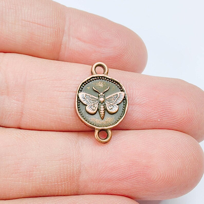 4 Moth Charm Connector Pendant, Double Sided Organic Round Coin Design, Antique Copper, 20x12mm, G37645