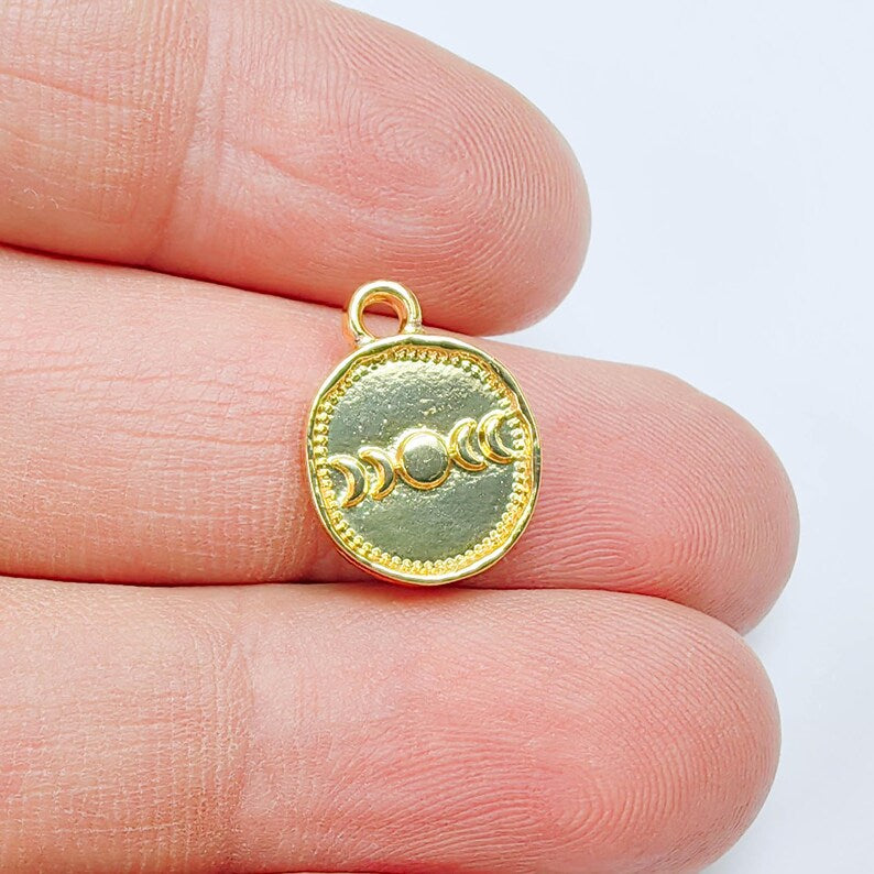 4 Pcs Moon Phases Pendant Charm, 16x13mm Double Sided 24K Shiny Gold, Jewelry Making Supplies, G37647